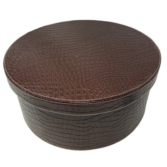 2 Vintage Faux Croc Brown Animal Print Round Hat Stackable Storage - Picture 8 of 10